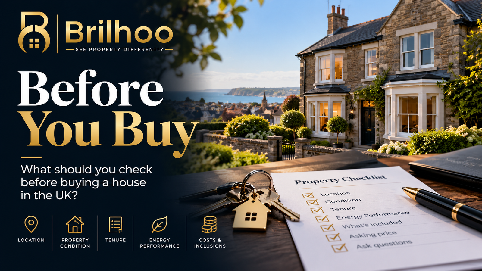 Before You Buy UK property checklist beside house keys and a coastal home