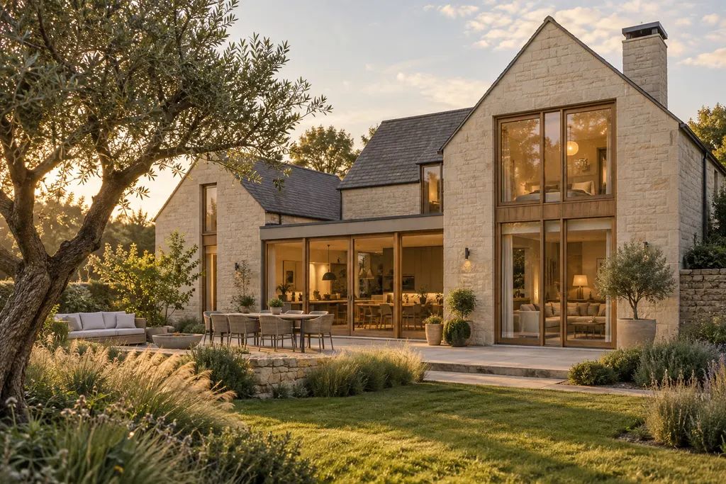 An imagined limestone home opening onto a garden in warm evening light
